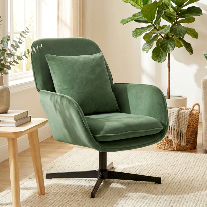  Fotoliu de Salon Rotativ 360° cu Perna Lombara Detasabila, sezut Generos, Fotoliu Tapitat Modern din Catifea cu Cotiere, pentru Living, 73x83.5x85 cm, Verde [2]