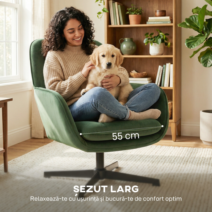  Fotoliu de Salon Rotativ 360° cu Perna Lombara Detasabila, sezut Generos, Fotoliu Tapitat Modern din Catifea cu Cotiere, pentru Living, 73x83.5x85 cm, Verde [4]