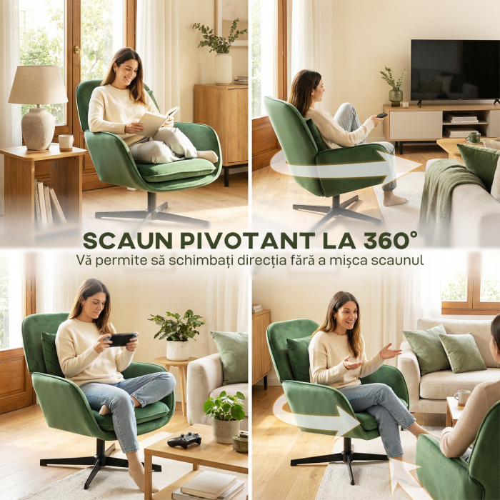  Fotoliu de Salon Rotativ 360° cu Perna Lombara Detasabila, sezut Generos, Fotoliu Tapitat Modern din Catifea cu Cotiere, pentru Living, 73x83.5x85 cm, Verde [7]