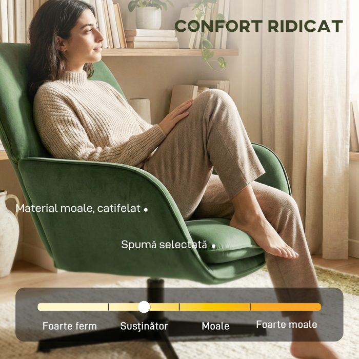  Fotoliu de Salon Rotativ 360° cu Perna Lombara Detasabila, sezut Generos, Fotoliu Tapitat Modern din Catifea cu Cotiere, pentru Living, 73x83.5x85 cm, Verde [5]