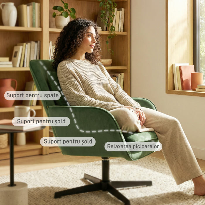 Fotoliu de Salon Rotativ 360° cu Perna Lombara Detasabila, sezut Generos, Fotoliu Tapitat Modern din Catifea cu Cotiere, pentru Living, 73x83.5x85 cm, Verde [6]