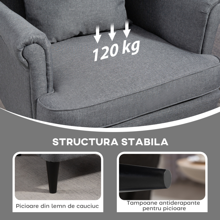  Fotoliu de Sufragerie din Material Textil cu Taburet, Spatar inalt si Perna, Gri [6]