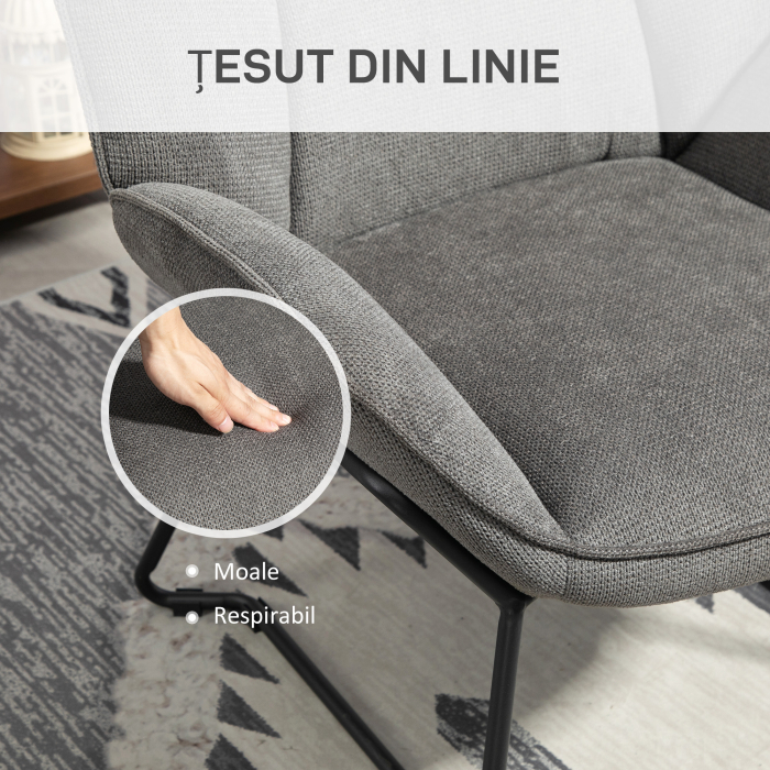  Fotoliu Decorativ cu Brate inclinate, din Material Textil cu Aspect de In si Otel, 71,5x67x79 cm, Gri [5]