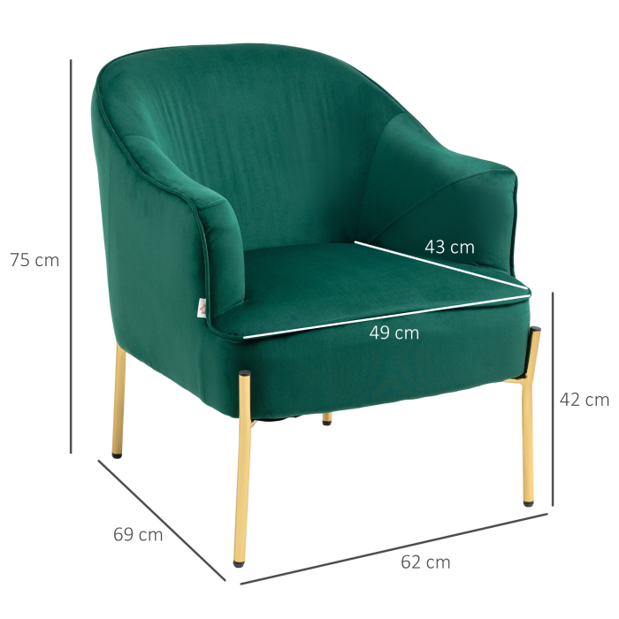 Fotoliu dormitor din material textil cu efect catifea  cu picioare din otel auriu, 62x69x75 cm, verde [3]