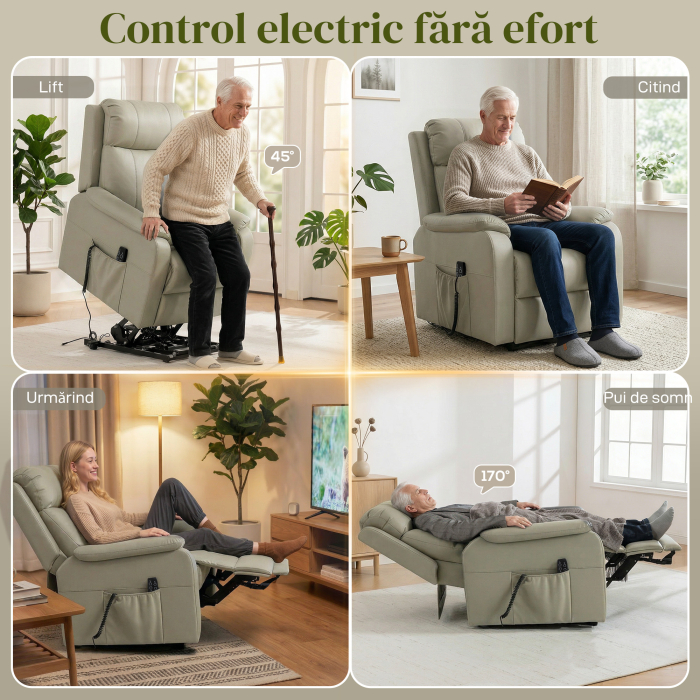  Fotoliu Electric cu Functie de Ridicare Rabatabil 170° din Piele Ecologica Respirabila cu 2 Motoare, Telecomanda, 4 Roti, Frana, Suport Picioare, Buzunare Laterale, Crem [4]