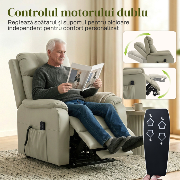  Fotoliu Electric cu Functie de Ridicare Rabatabil 170° din Piele Ecologica Respirabila cu 2 Motoare, Telecomanda, 4 Roti, Frana, Suport Picioare, Buzunare Laterale, Crem [7]