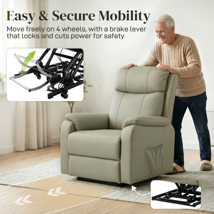 Fotoliu Electric cu Functie de Ridicare Rabatabil 170° din Piele Ecologica Respirabila cu 2 Motoare, Telecomanda, 4 Roti, Frana, Suport Picioare, Buzunare Laterale, Crem [8]