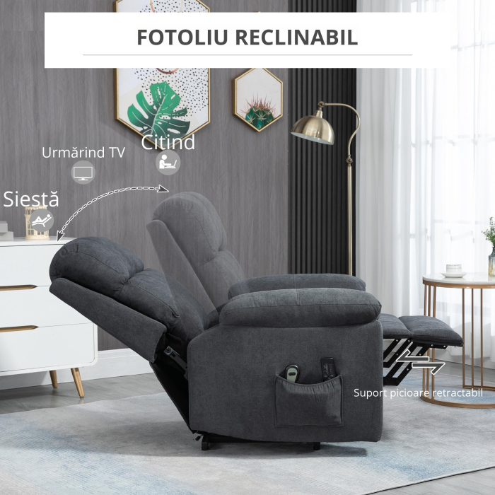  Fotoliu Electric cu Ridicare si Telecomanda, Scaun Tapitat din tesatura pentru Seniori, Relaxare si Confort cu Buzunare Laterale [5]