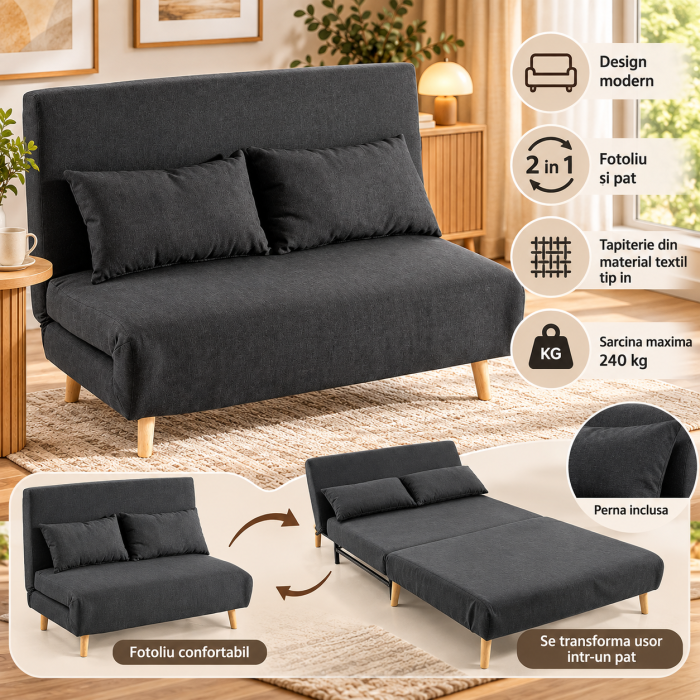 Fotoliu extensibil 2 in 1 pentru relaxare si dormit, transformabil rapid in pat spatios de 190x121 cm pentru oaspeti, design compact pentru economisir [8]
