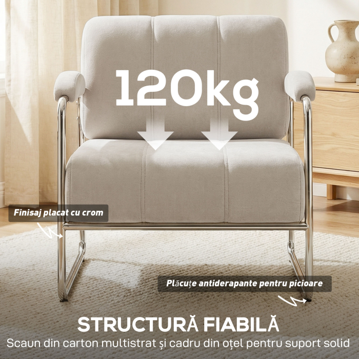  Fotoliu Living cu Tapiterie Groasa, sezut Spatios, Cusaturi Duble, Fotoliu pentru Dormitor din Chenille Moale, Usor de Asamblat, Cadru din Otel, pentru Sufragerie, Birou, Bej [6]