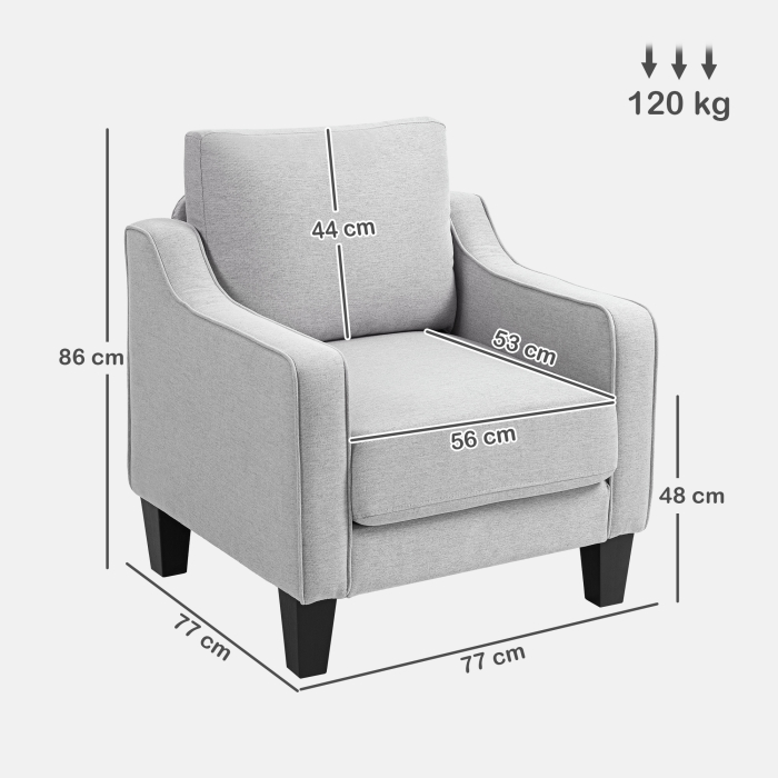  Fotoliu Modern in Material Textil cu Captuseala Groasa si Arcuri impachetate, 77x77x86 cm, Gri [3]