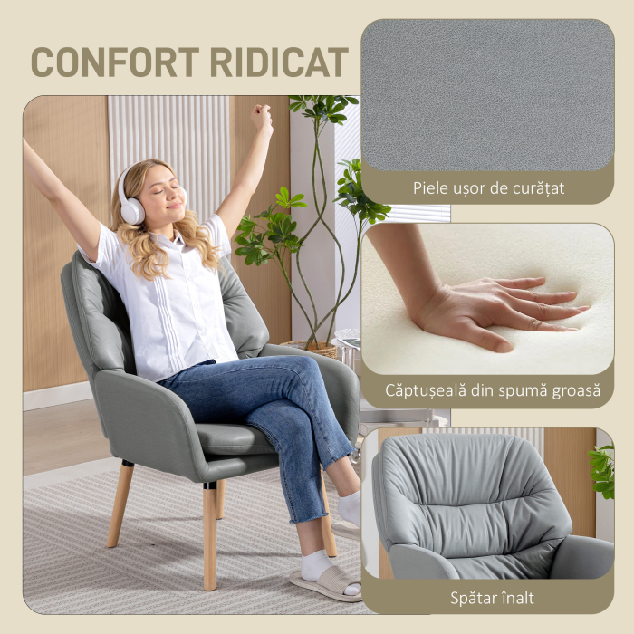  Fotoliu Modern pentru Camera cu Spatar inalt si Tapiterie Dubla, Material cu Efect de Piele, Gri [4]