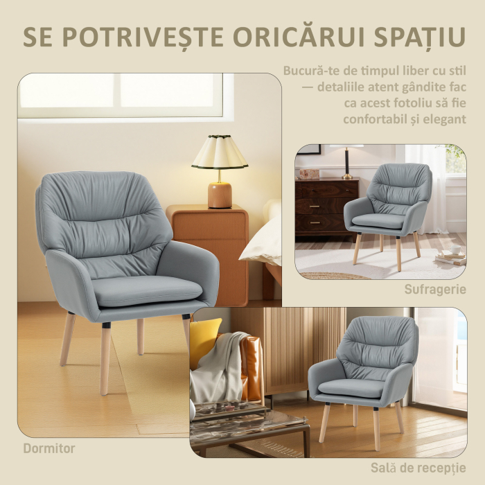  Fotoliu Modern pentru Camera cu Spatar inalt si Tapiterie Dubla, Material cu Efect de Piele, Gri [6]