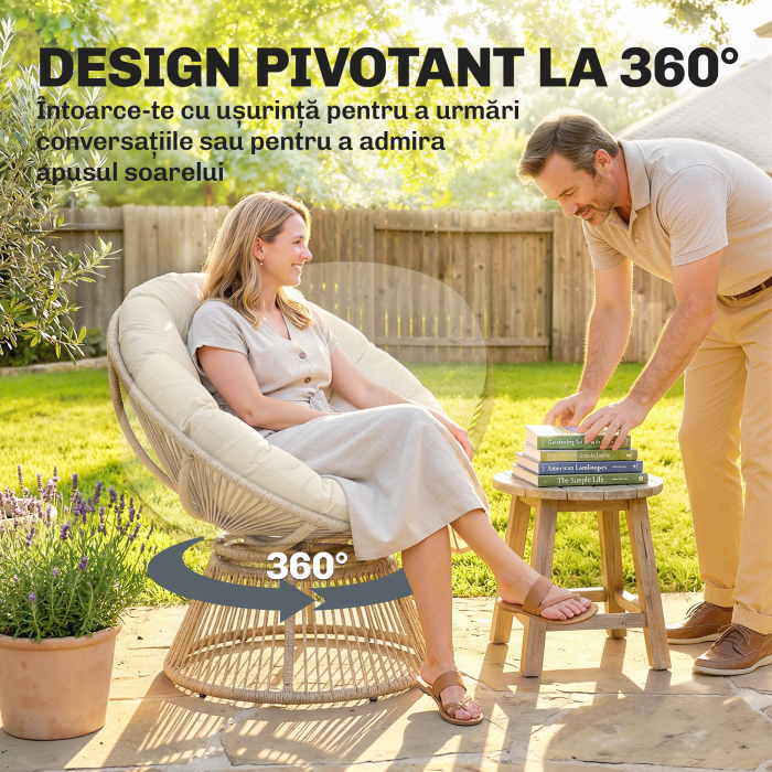  Fotoliu Papasan Rotativ 360° Moon Chair cu Perna pentru Interior/Exterior, Crem Alb [4]
