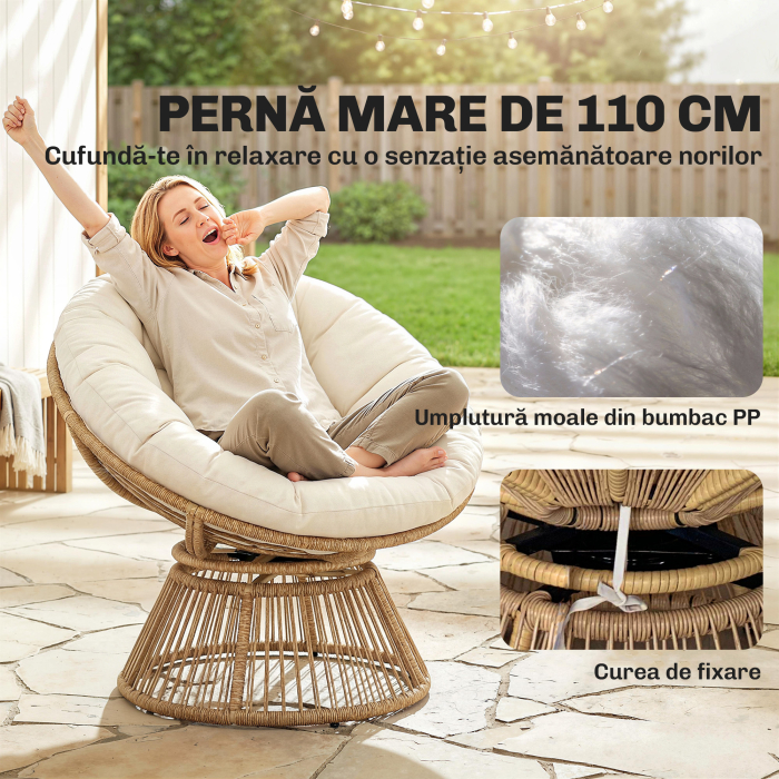 Fotoliu Papasan Rotativ 360° Moon Chair cu Perna pentru Interior/Exterior, Crem Alb [6]