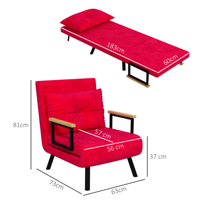  Fotoliu Pat 3 in 1 cu Spatar Rabatabil si Perna, din Material Catifelat, 63x73x81 cm, Rosu [3]
