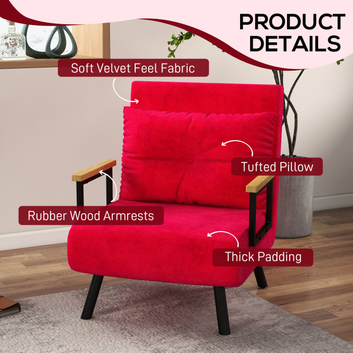  Fotoliu Pat 3 in 1 cu Spatar Rabatabil si Perna, din Material Catifelat, 63x73x81 cm, Rosu [6]