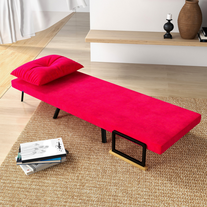  Fotoliu Pat 3 in 1 cu Spatar Rabatabil si Perna, din Material Catifelat, 63x73x81 cm, Rosu [8]