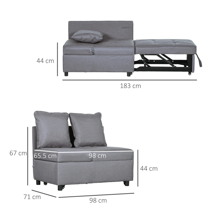  Fotoliu Pat 3 in 1 cu Spatar Reglabil, din Material Textil cu Efect de In si Lemn, 98x71x67 cm, Gri inchis [3]