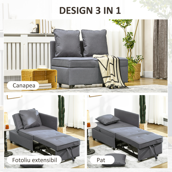  Fotoliu Pat 3 in 1 cu Spatar Reglabil, din Material Textil cu Efect de In si Lemn, 98x71x67 cm, Gri inchis [6]