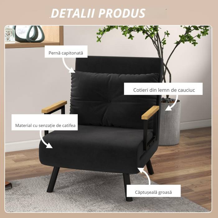 Fotoliu Pat 3 in 1 cu Spatar Reglabil in 5 Pozitii si Perna, 63x73x81 cm, Negru [4]