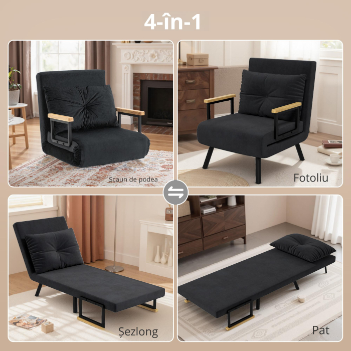  Fotoliu Pat 3 in 1 cu Spatar Reglabil in 5 Pozitii si Perna, 63x73x81 cm, Negru [5]