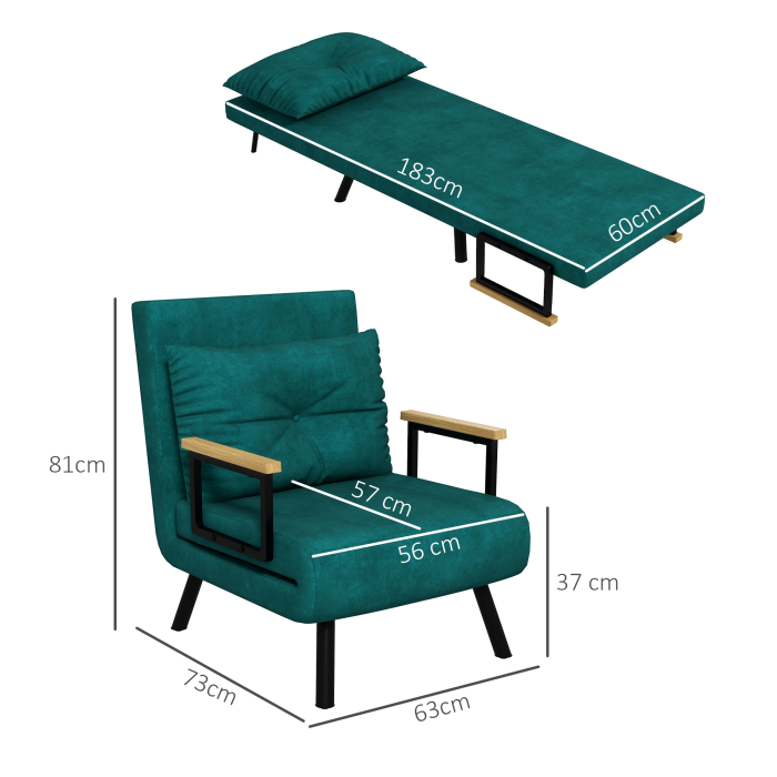  Fotoliu Pat 3 in 1 cu Spatar Reglabil in 5 Pozitii si Perna, 63x73x81 cm, Verde [3]