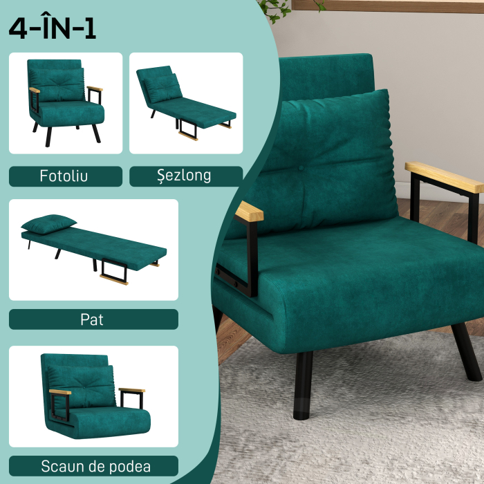  Fotoliu Pat 3 in 1 cu Spatar Reglabil in 5 Pozitii si Perna, 63x73x81 cm, Verde [4]