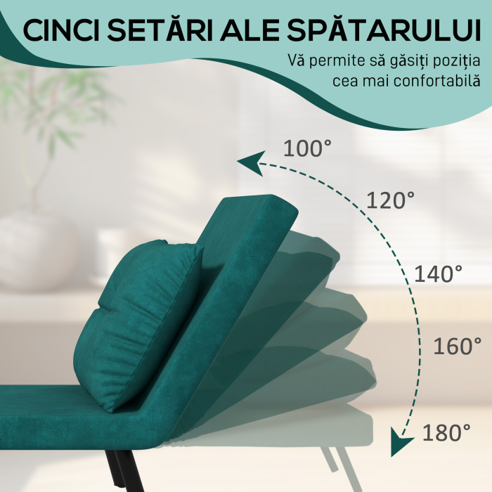  Fotoliu Pat 3 in 1 cu Spatar Reglabil in 5 Pozitii si Perna, 63x73x81 cm, Verde [5]
