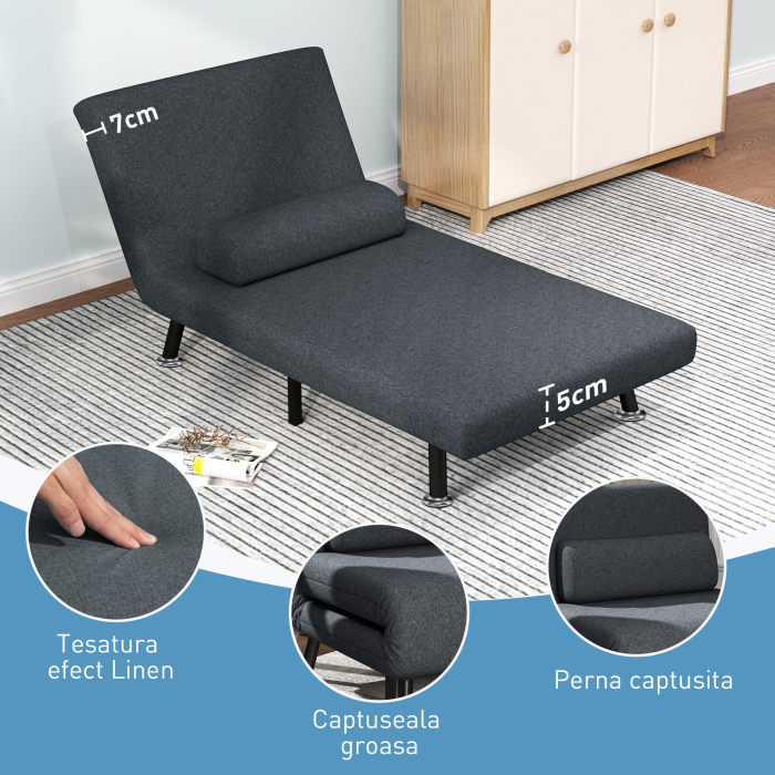  Fotoliu Pat 3 in 1 cu Spatar Reglabil pe 5 Nivele si Perna, Canapea Pat Pliabila, 75x70x75 cm, Gri inchis [5]