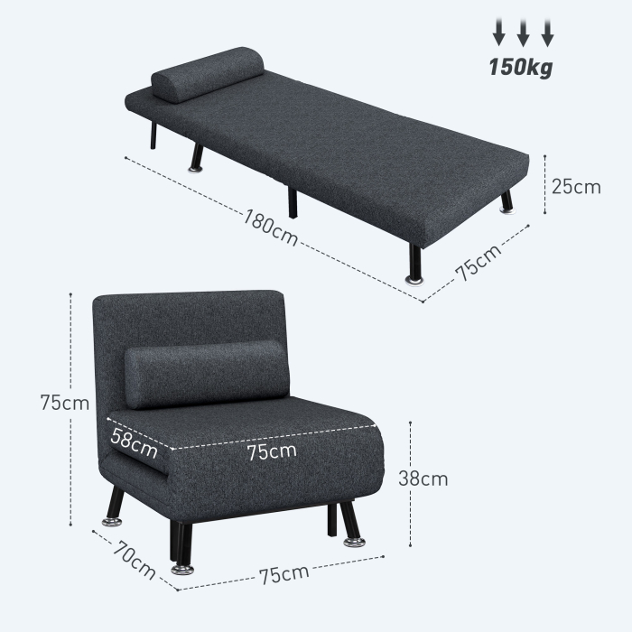  Fotoliu Pat 3 in 1 cu Spatar Reglabil pe 5 Nivele si Perna, Canapea Pat Pliabila, 75x70x75 cm, Gri inchis [3]