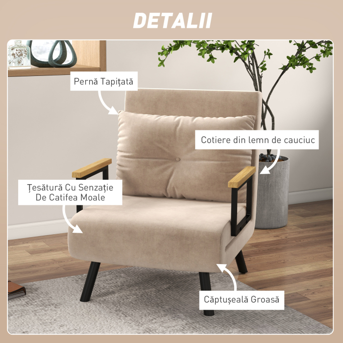  Fotoliu Pat 3 in 1 cu Spatar Reglabil si Perna, din Material cu Aspect Catifelat, 63x73x81 cm, Bej [6]