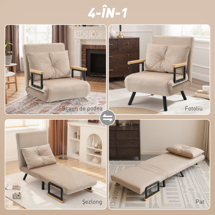  Fotoliu Pat 3 in 1 cu Spatar Reglabil si Perna, din Material cu Aspect Catifelat, 63x73x81 cm, Bej [4]