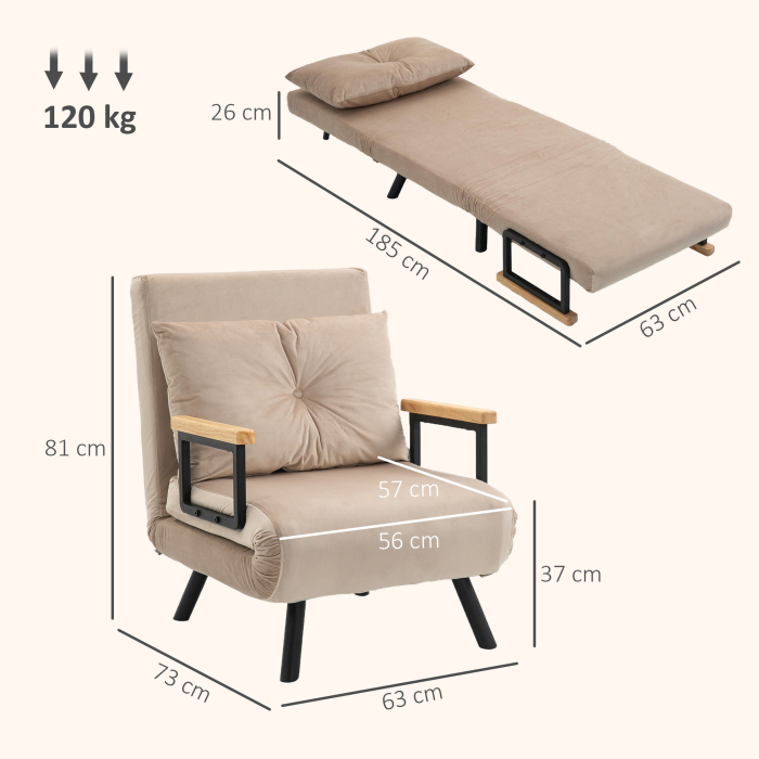  Fotoliu Pat 3 in 1 cu Spatar Reglabil si Perna, din Material cu Aspect Catifelat, 63x73x81 cm, Bej [3]