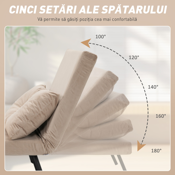  Fotoliu Pat 3 in 1 cu Spatar Reglabil si Perna, din Material cu Aspect Catifelat, 63x73x81 cm, Bej [5]