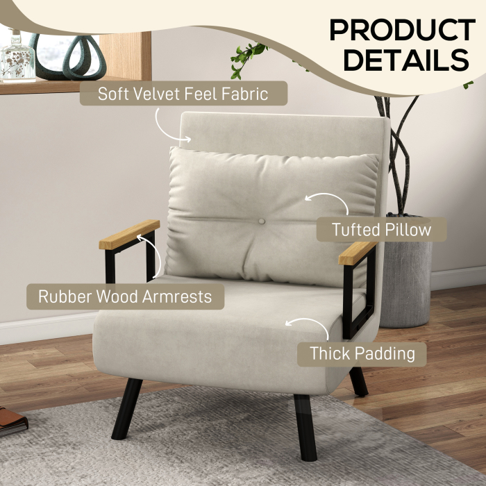  Fotoliu Pat 3 in 1 cu Spatar Reglabil si Perna, din Material cu Efect de Catifea, 63x73x81 cm, Crem [6]