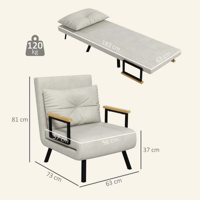  Fotoliu Pat 3 in 1 cu Spatar Reglabil si Perna, din Material cu Efect de Catifea, 63x73x81 cm, Crem [3]