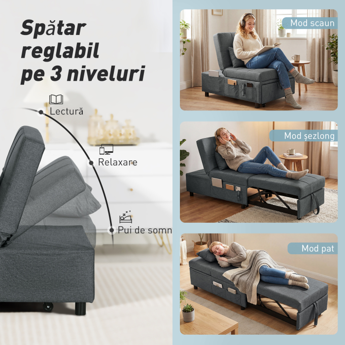  Fotoliu Pat de O Persoana Fotoliu Rabatabil 4-in-1, Gri [5]