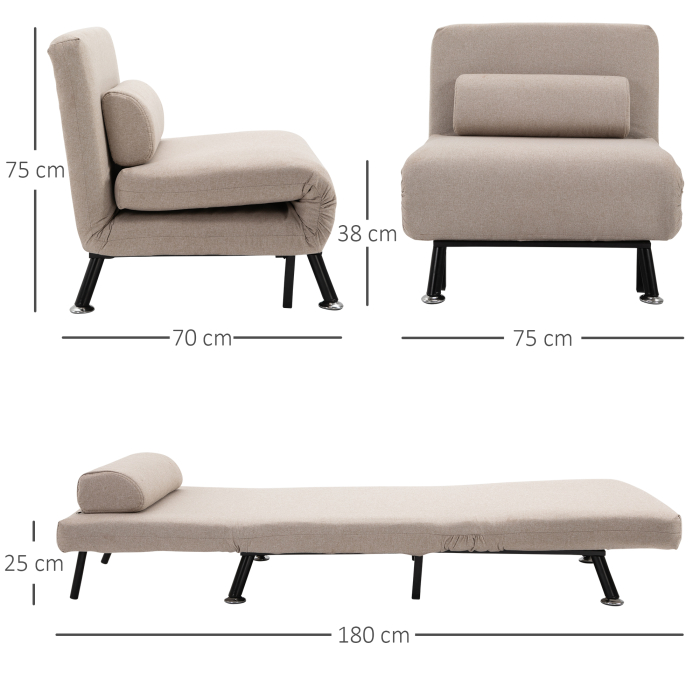  Fotoliu Pat Extensibil - 1 Persoana, cu Saltea & Perna Bej [3]
