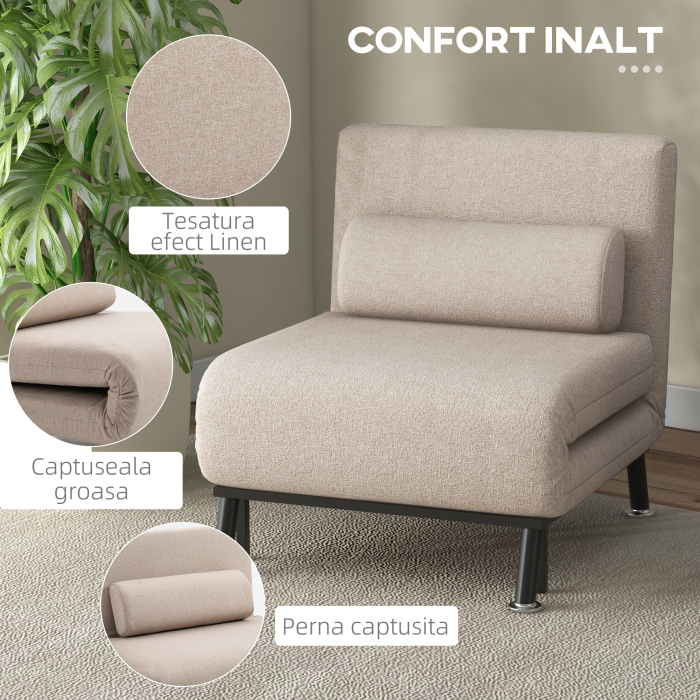  Fotoliu Pat Extensibil - 1 Persoana, cu Saltea & Perna Bej [5]