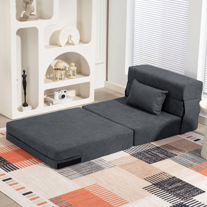  Fotoliu Pat Single Pliabil Modern, Fotoliu de Podea Economisitor de Spatiu Convertibil in sezlong si Saltea, Pat pentru Sufragerie, Living si Birou, 80x80x64 cm, Gri inchis [6]