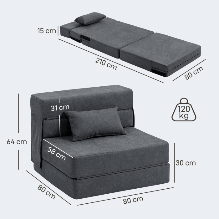  Fotoliu Pat Single Pliabil Modern, Fotoliu de Podea Economisitor de Spatiu Convertibil in sezlong si Saltea, Pat pentru Sufragerie, Living si Birou, 80x80x64 cm, Gri inchis [3]