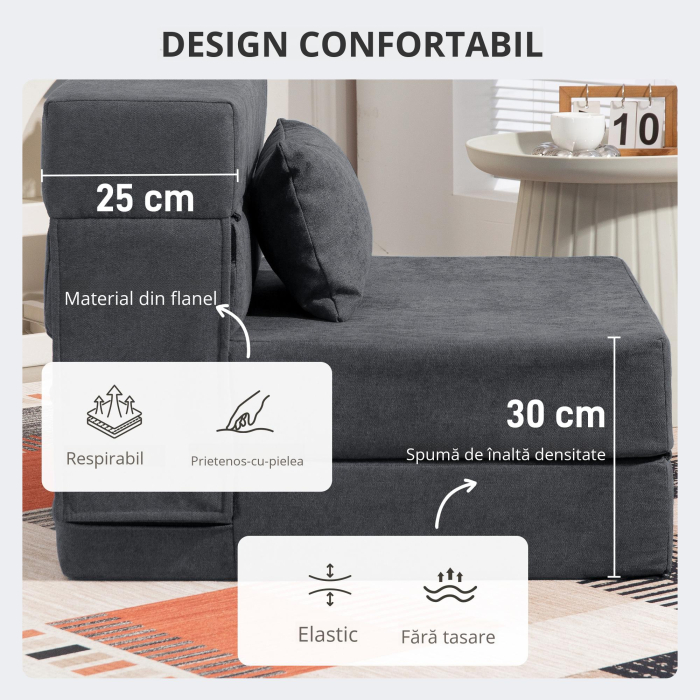  Fotoliu Pat Single Pliabil Modern, Fotoliu de Podea Economisitor de Spatiu Convertibil in sezlong si Saltea, Pat pentru Sufragerie, Living si Birou, 80x80x64 cm, Gri inchis [4]