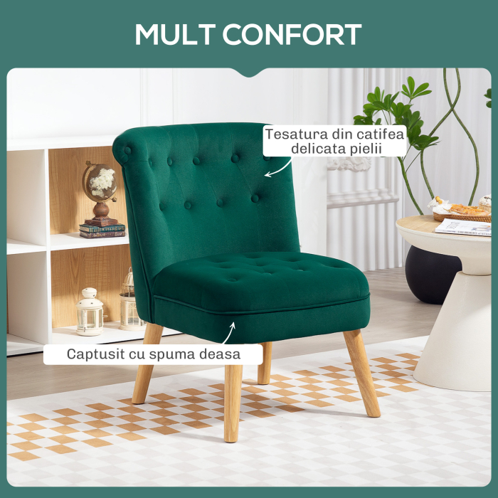  Fotoliu pentru Living din Catifea cu sezut Tapitat si Matlasat cu Nasturi, 60x66x79 cm, Verde [4]