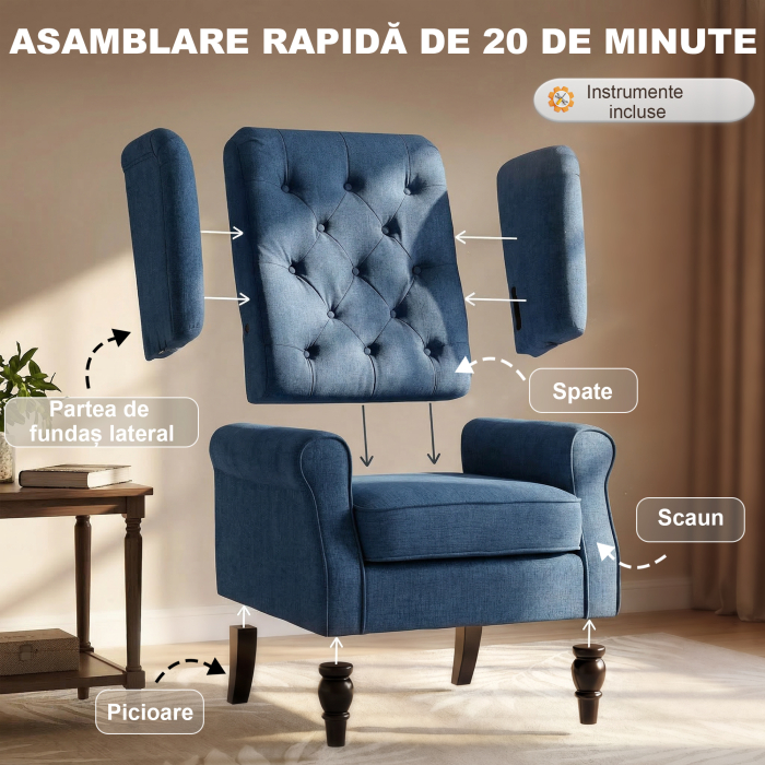  Fotoliu pentru Living in Stil Francez cu sezut Confortabil si Perne, Catifea, 74x86x102 cm, Albastru [7]