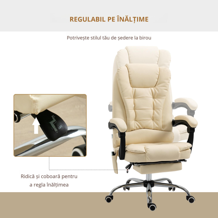  Fotoliu pentru Masaj Pivotant si Ergonomic cu Inaltime Reglabila cu 6 Puncte de Vibratie, 65x160x104 cm, Crem [5]