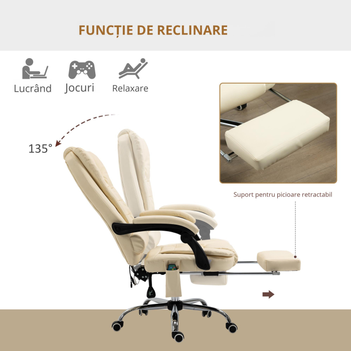  Fotoliu pentru Masaj Pivotant si Ergonomic cu Inaltime Reglabila cu 6 Puncte de Vibratie, 65x160x104 cm, Crem [6]