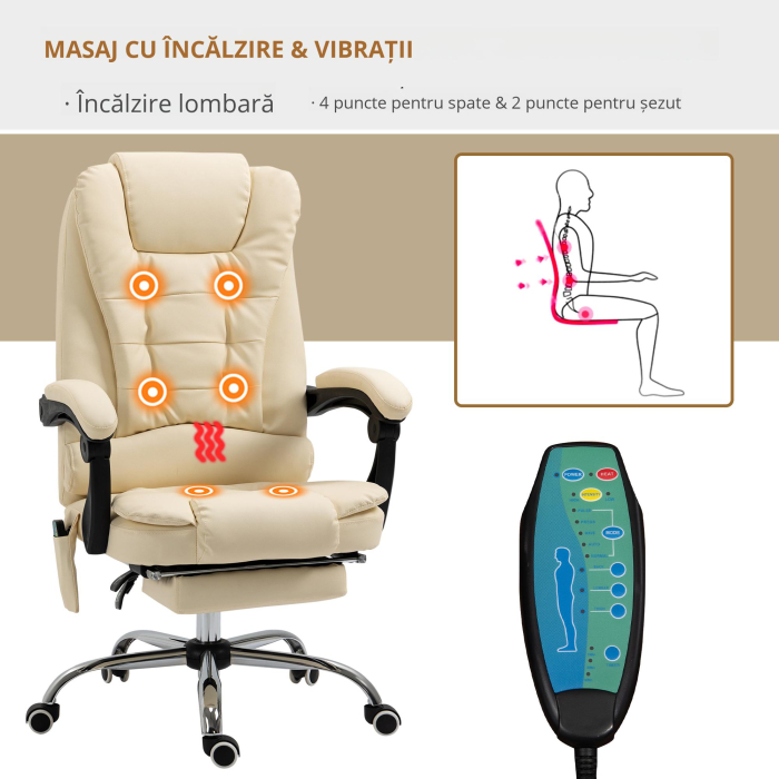  Fotoliu pentru Masaj Pivotant si Ergonomic cu Inaltime Reglabila cu 6 Puncte de Vibratie, 65x160x104 cm, Crem [7]