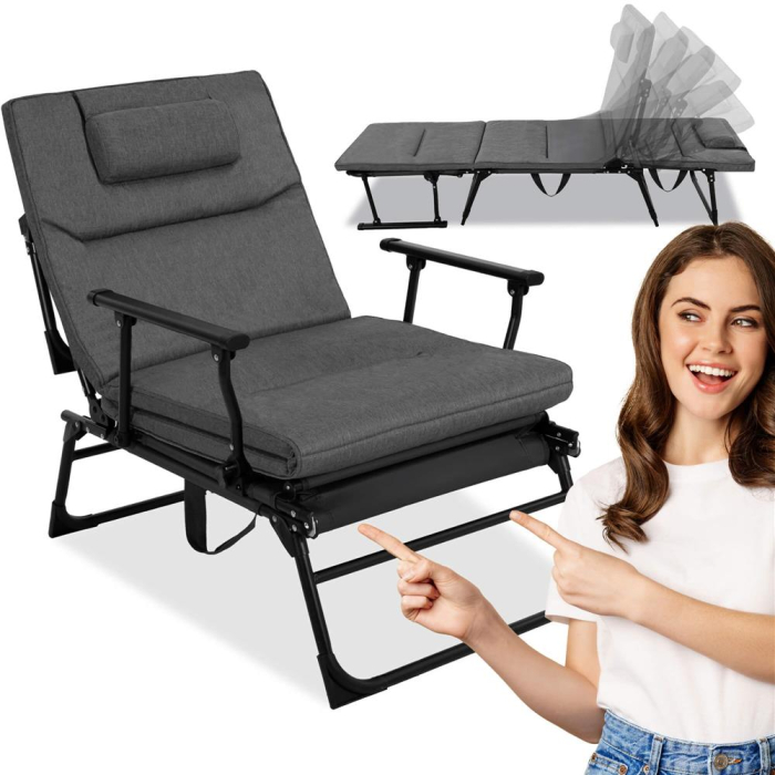 Fotoliu pliabil 2 in 1 tip sezlong, cu 5 pozitii, structura metalica si saltea inclusa, 180x58x89 cm, gri [7]