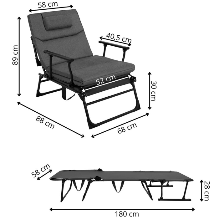 Fotoliu pliabil 2 in 1 tip sezlong, cu 5 pozitii, structura metalica si saltea inclusa, 180x58x89 cm, gri [27]